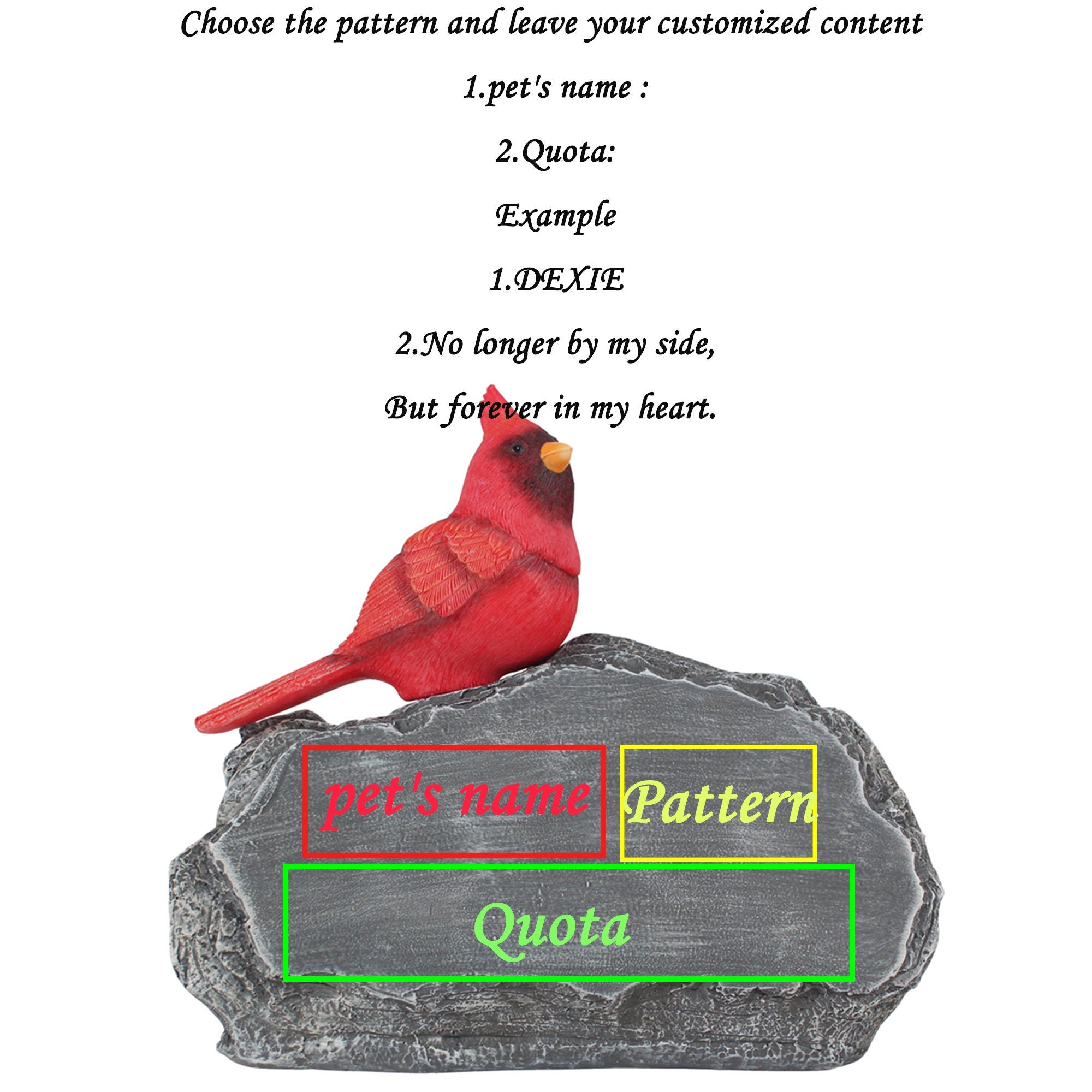 Customized Pet Memorial Stones Grave Markers with Mini Red Cardinal Bird Ornament On Stone for Outdoor Backyard Patio Or Lawn,Pet Loss Gift