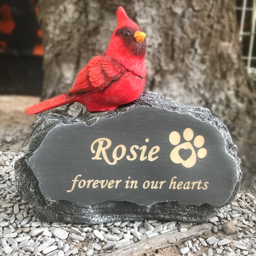 Customized Pet Memorial Stones Grave Markers with Mini Red Cardinal Bird Ornament On Stone for Outdoor Backyard Patio Or Lawn,Pet Loss Gift