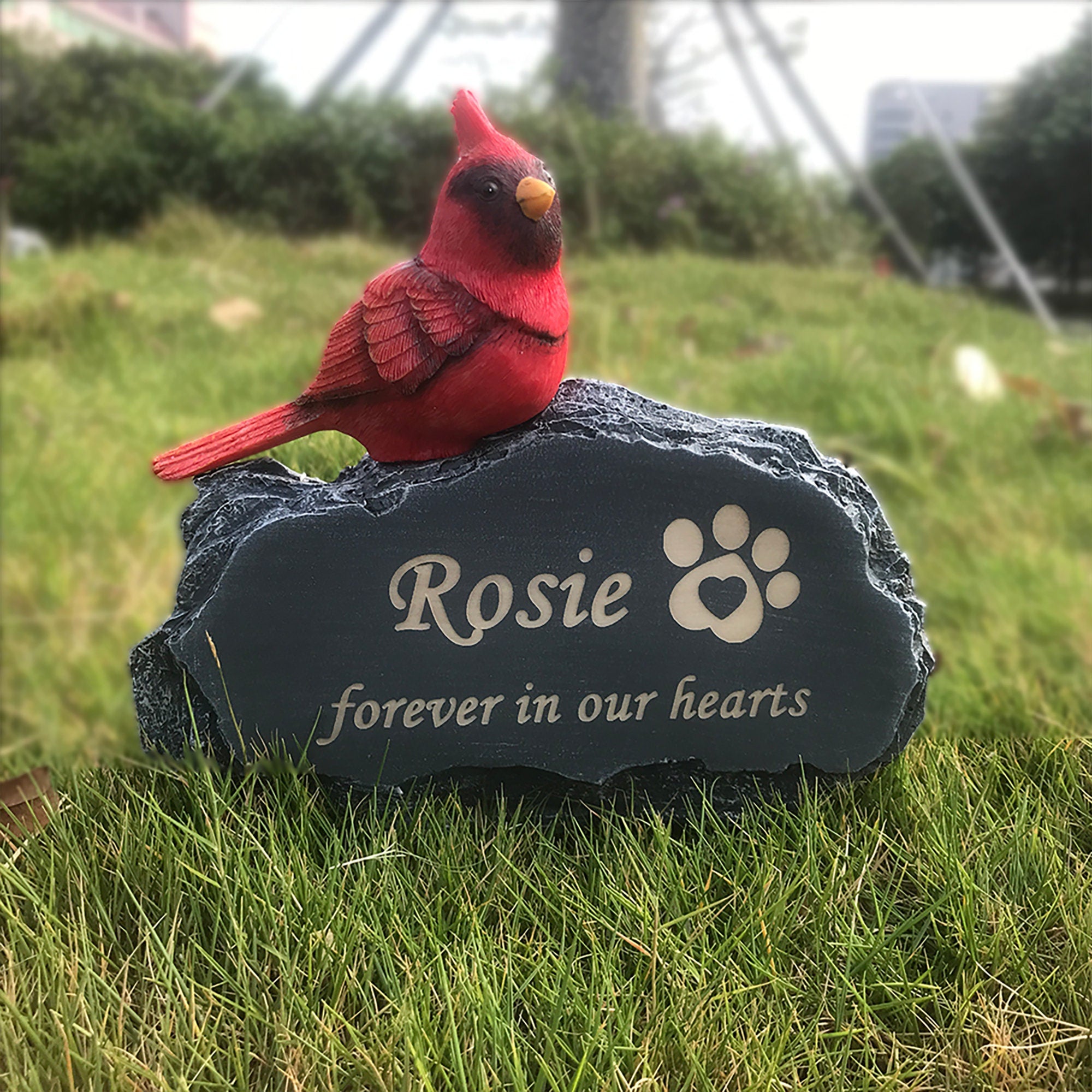 Customized Pet Memorial Stones Grave Markers with Mini Red Cardinal Bird Ornament On Stone for Outdoor Backyard Patio Or Lawn,Pet Loss Gift