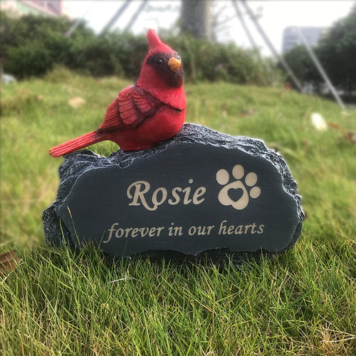 Customized Pet Memorial Stones Grave Markers with Mini Red Cardinal Bird Ornament On Stone for Outdoor Backyard Patio Or Lawn,Pet Loss Gift