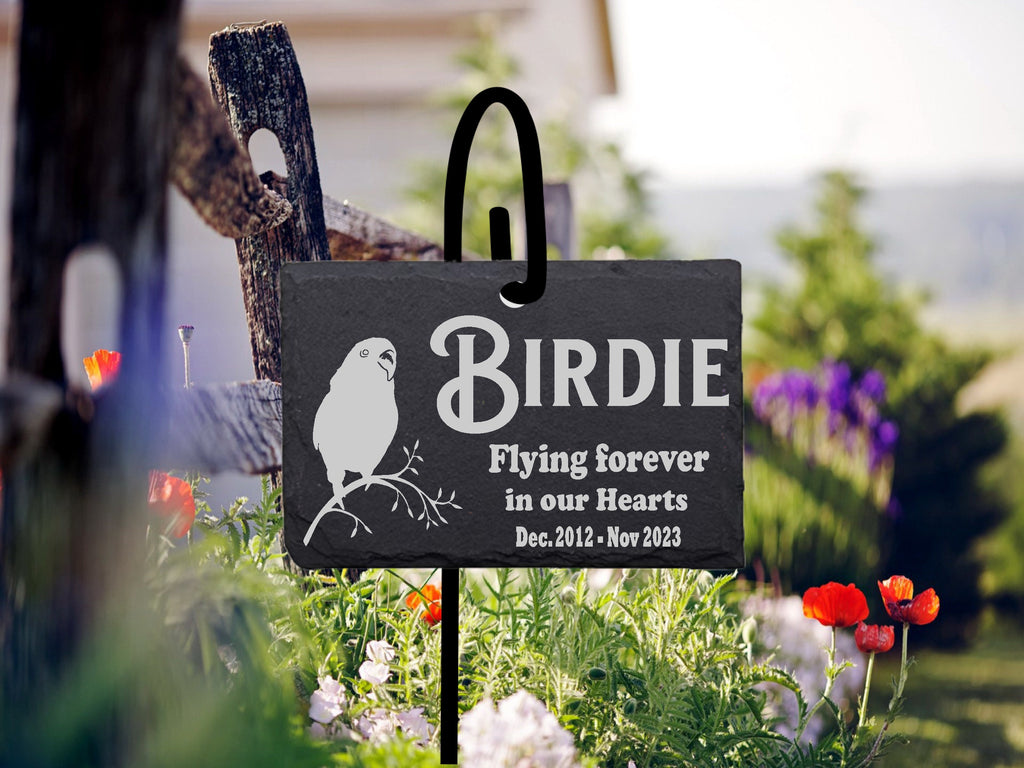 Pick Your Bird Memorial Stone Quality Slate Sign with Shepherd's hook Garden Marker Personalized Laser Engraved SLATE Gravestone with Stand.