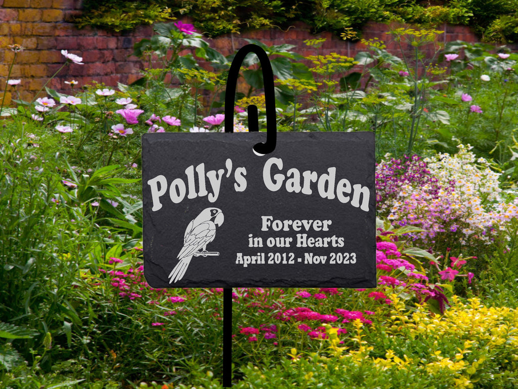 Parrot Memorial Stone Sign with Shepherd's hook Garden Marker Personalized Curved Writing Laser Engraved SLATE Gravestone with Stand.