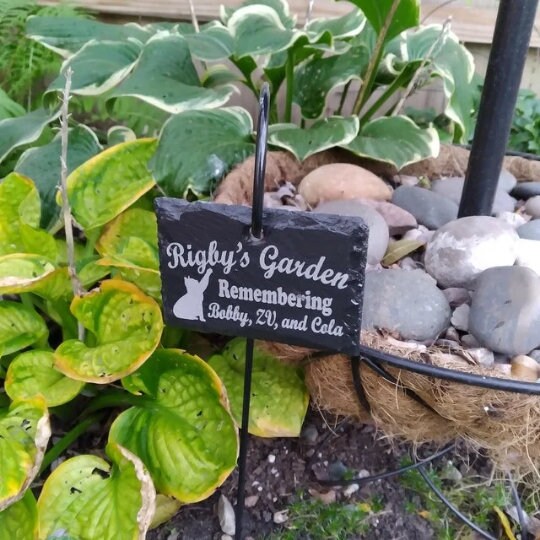 Parrot Memorial Stone Sign with Shepherd's hook Garden Marker Personalized Curved Writing Laser Engraved SLATE Gravestone with Stand.