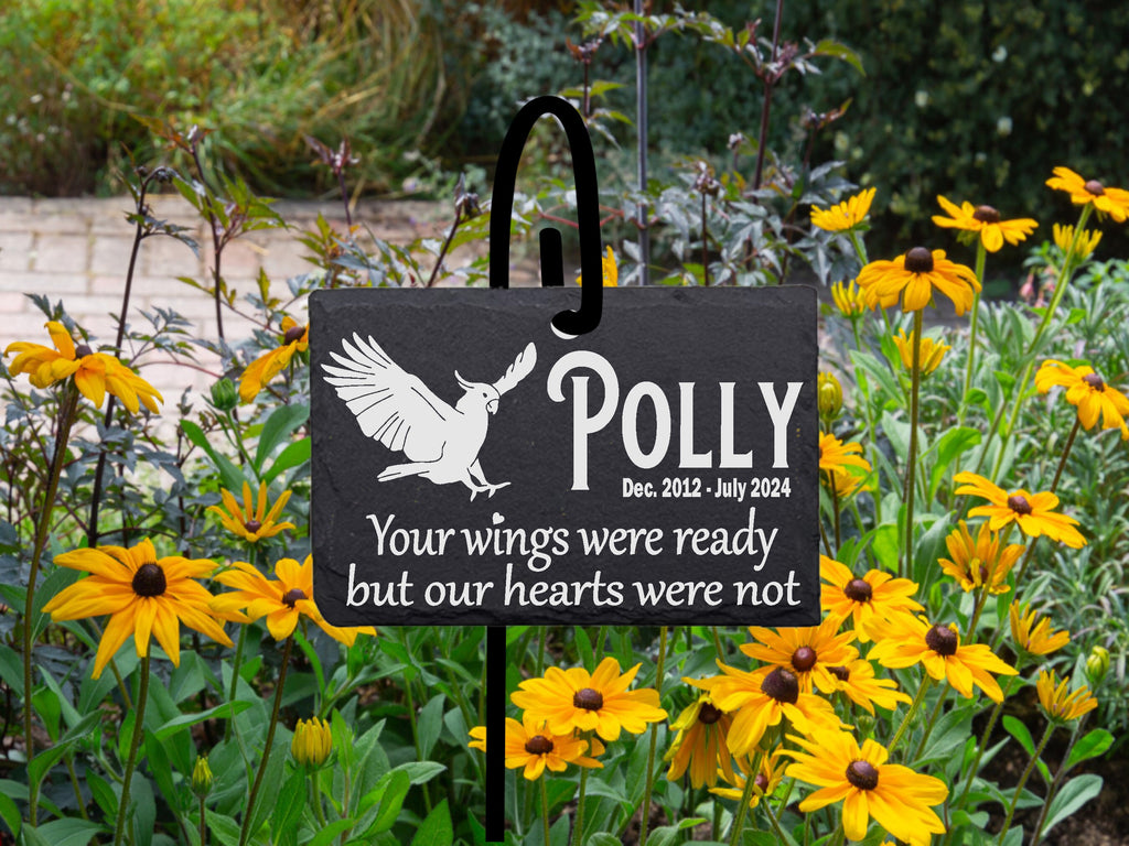 Pick Your Bird Memorial Stone Quality Slate Sign with Shepherd's hook Garden Marker Personalized Laser Engraved SLATE Gravestone with Stand.