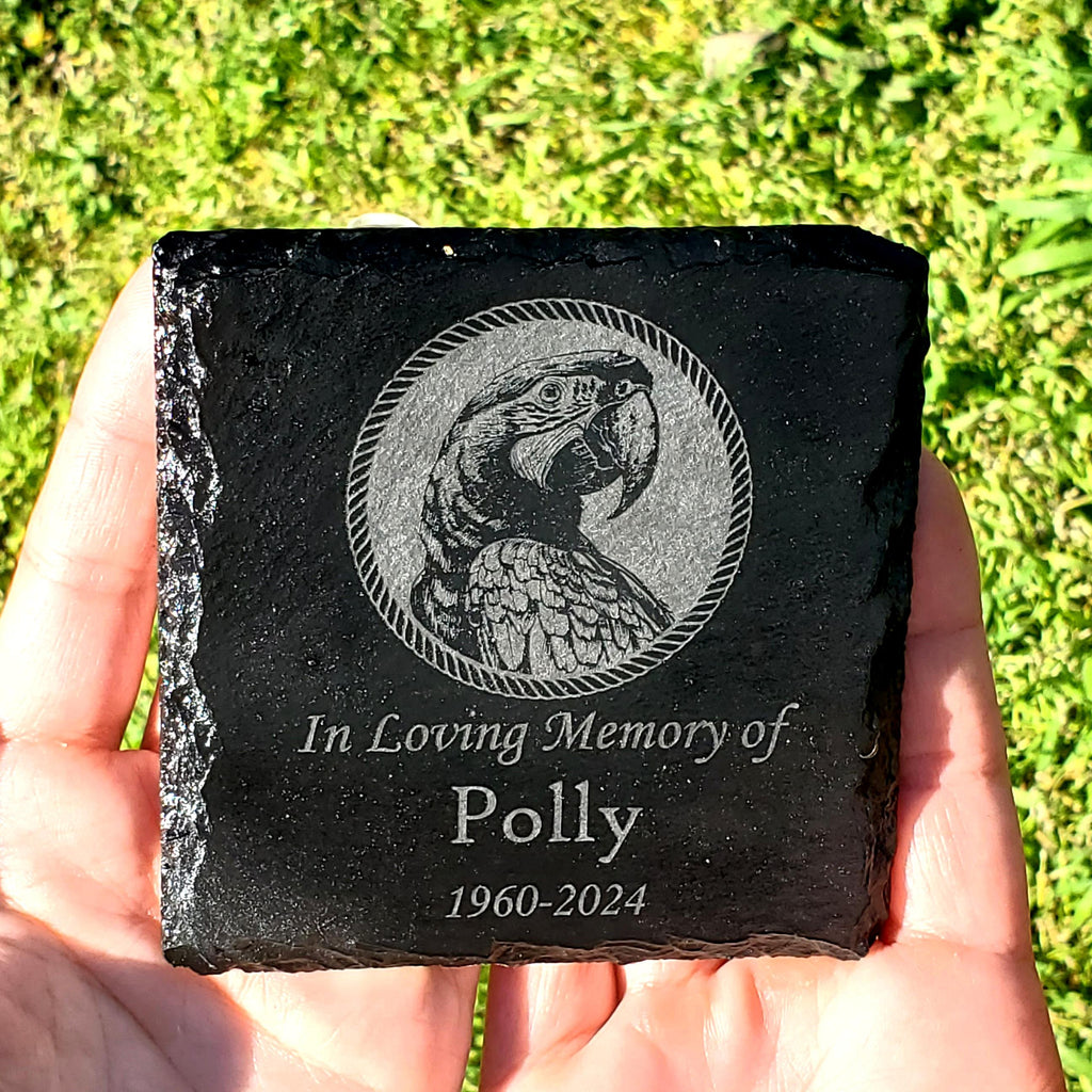 Small Personalized Macaw Bird Memorial Stone – Engraved Slate Grave Marker for Pet Parrot